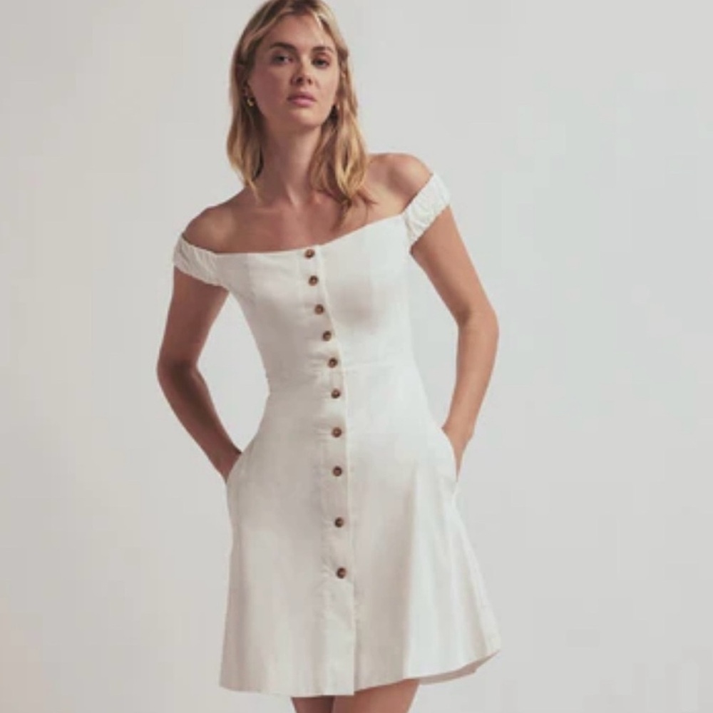 Favorite Daughter Off-Shoulder White Button-Front Mini Dress - Picture 2 of 12